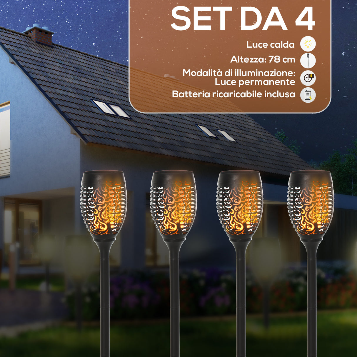 easycomfort easycomfort set 4 faretti da esterno led a energia solare con 4 picchetti in plastica 12x72 cm nero