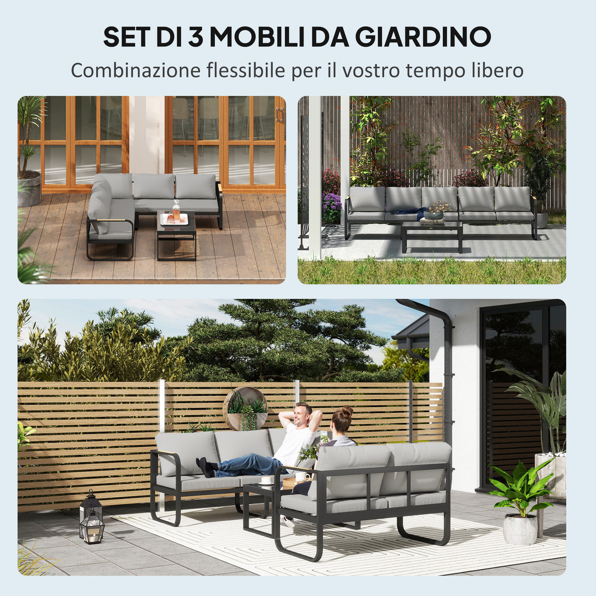 easycomfort easycomfort set da esterno 3 pezzi con divano 3 posti convertibile divano 2 posti e tavolino da esterno grigio e nero