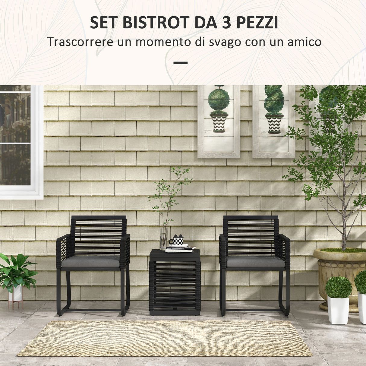 easycomfort easycomfort set da giardino in rattan con 2 poltroncine con cuscini e tavolino da caffe in vetro nero