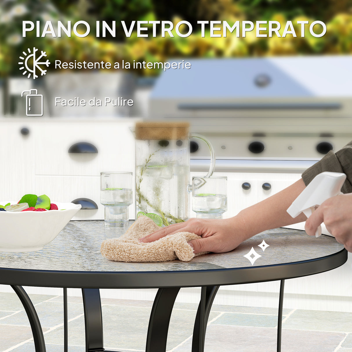 easycomfort easycomfort tavolino da giardino rotondo con foro per ombrellone in metallo e vetro temperato 96 5x71 cm nero