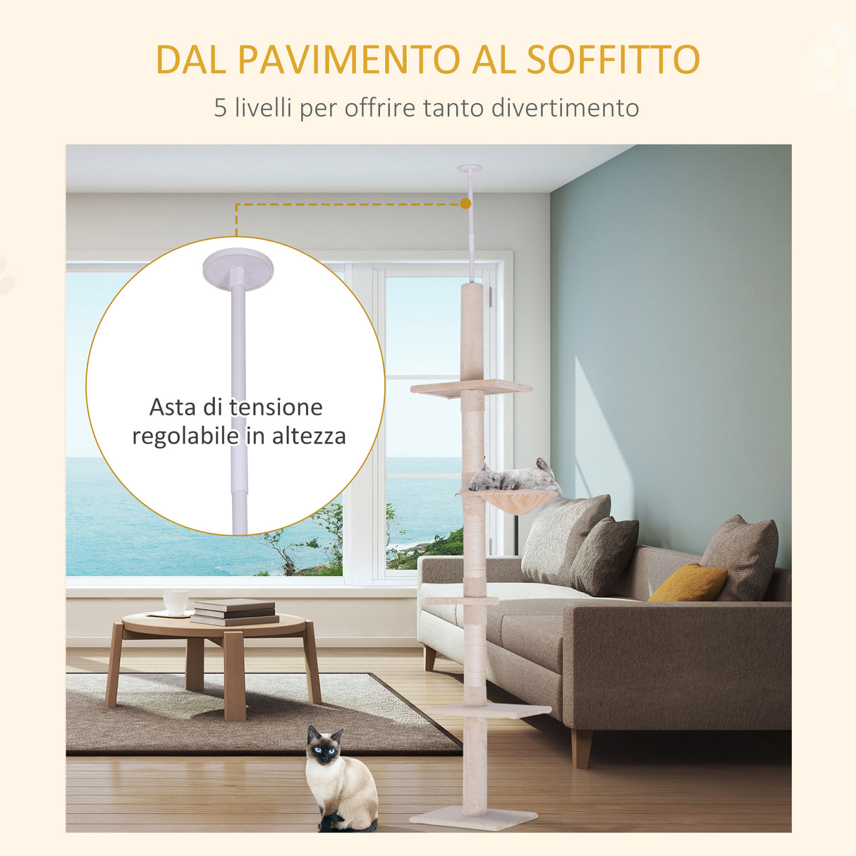 easycomfort easycomfort albero tiragraffi multilivello a soffitto con amaca e altezza regolabile 40x34x230 260cm beige