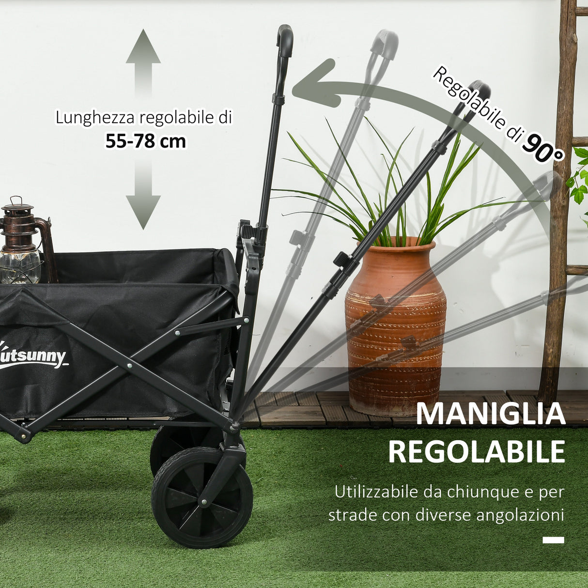 easycomfort easycomfort carrello da giardino 110l con maniglia telescopica e tettuccio in acciaio e tessuto oxford nero