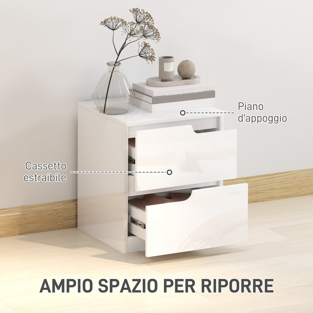 easycomfort easycomfort comodino moderno in legno con 2 cassetti e design lucido 40x40x48 cm bianco
