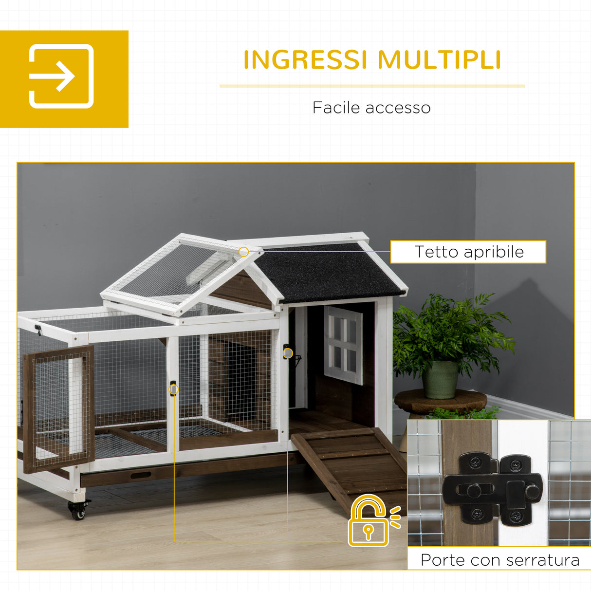 easycomfort easycomfort conigliera in legno da interno ed esterno con ruote casetta tetto apribile e vassoio marrone