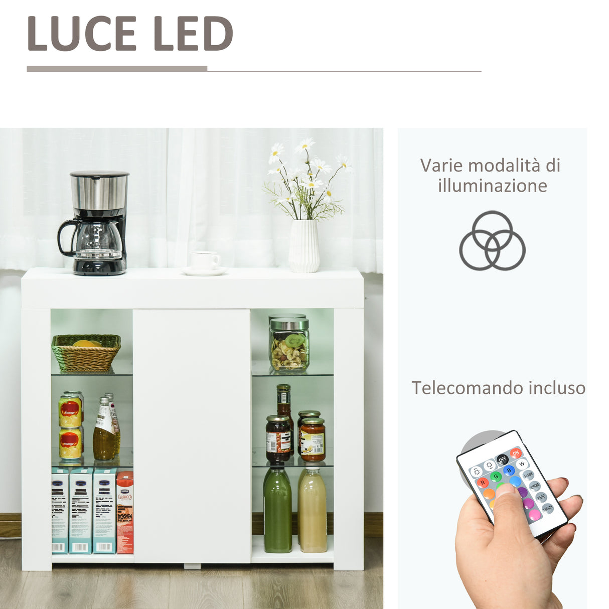 easycomfort easycomfort credenza moderna a anta con luci led e mensole in vetro mobile multiuso in legno con finitura lucida 97x35x83cm bianco