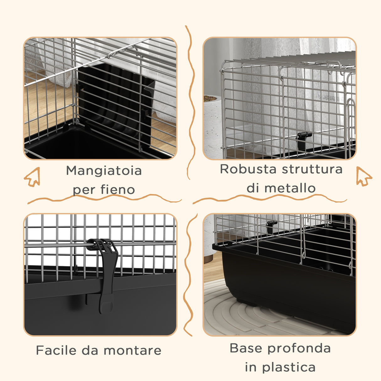 easycomfort easycomfort gabbia per conigli a 2 porte con vassoio rimovibile in metallo e plastica pp 100x55x41 cm nero e argento