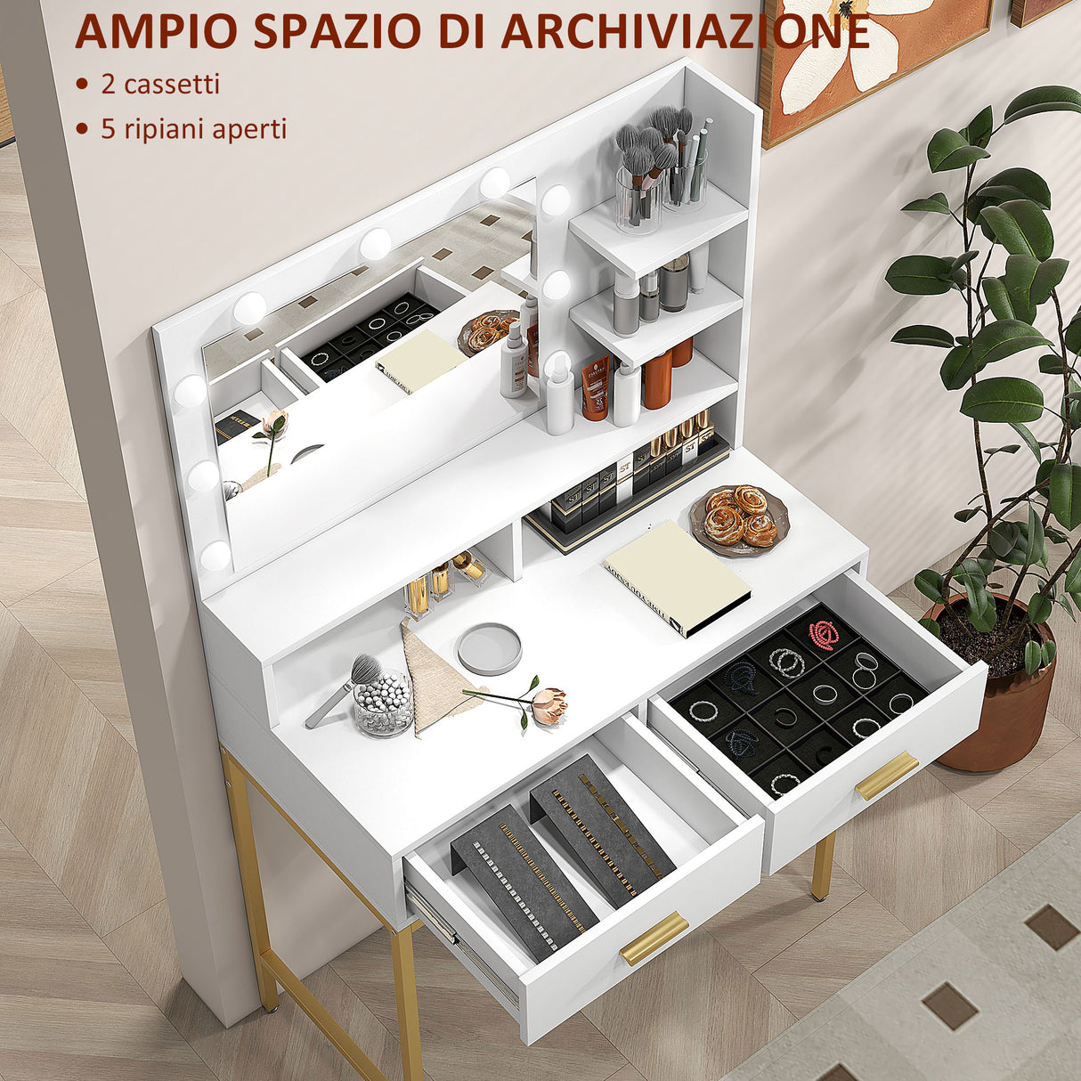 easycomfort easycomfort mobile toeletta con specchio 2 cassetti 5 ripiani e sgabello in mdf e truciolato 80x40x138 cm bianco