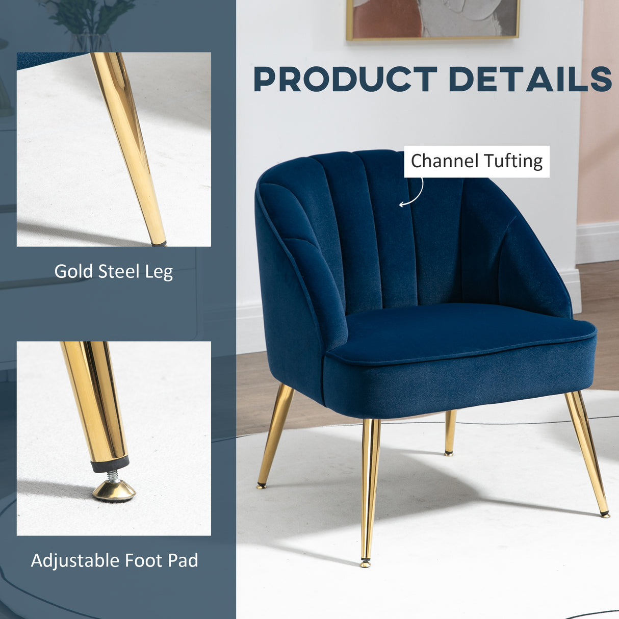 easycomfort easycomfort poltroncina da camera in velluto con gambe in acciaio dorate 65x64x77cm blu scuro