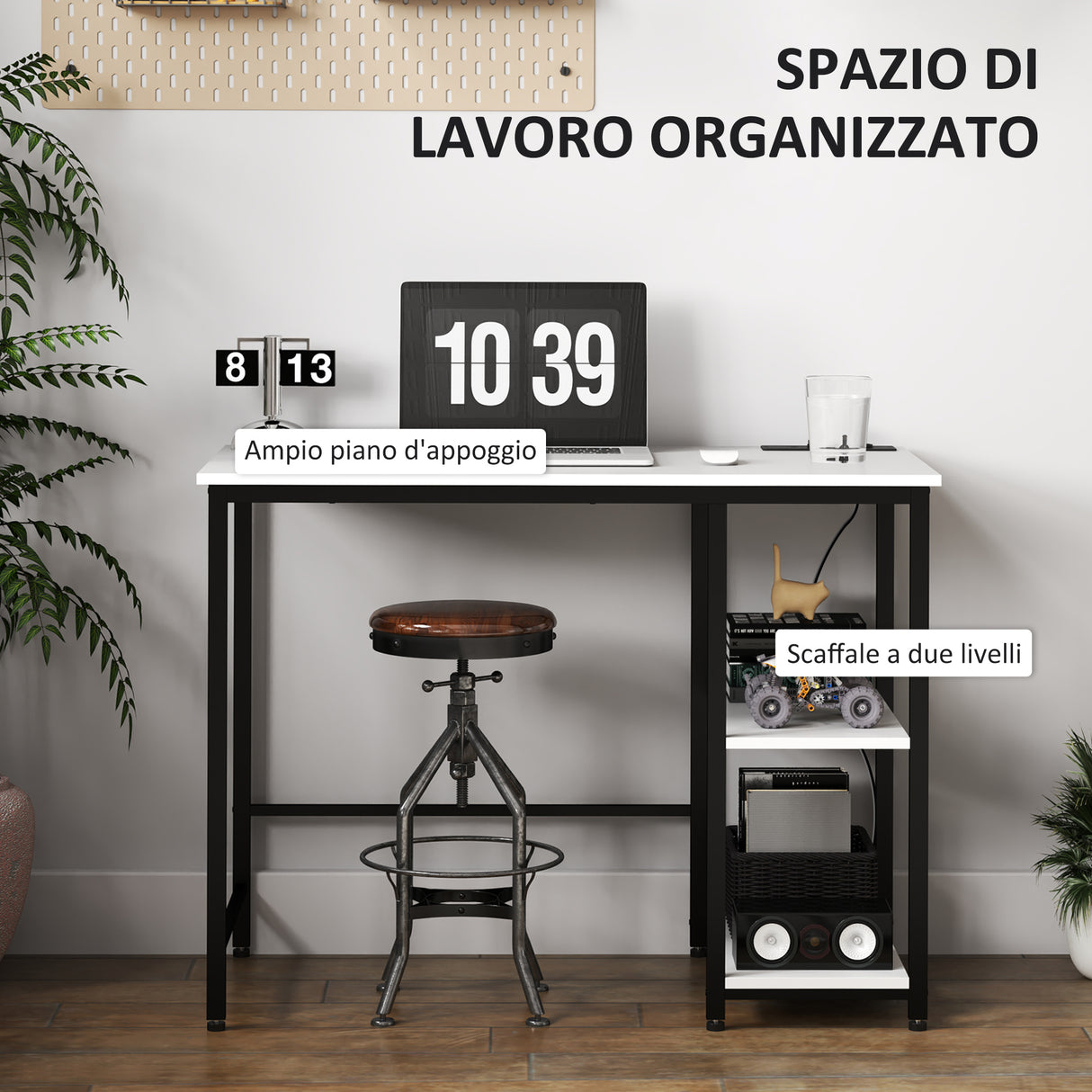 easycomfort easycomfort scrivania con scaffale a 2 livelli e prese di ricarica in legno e metallo 100x50x75 cm bianca e nera