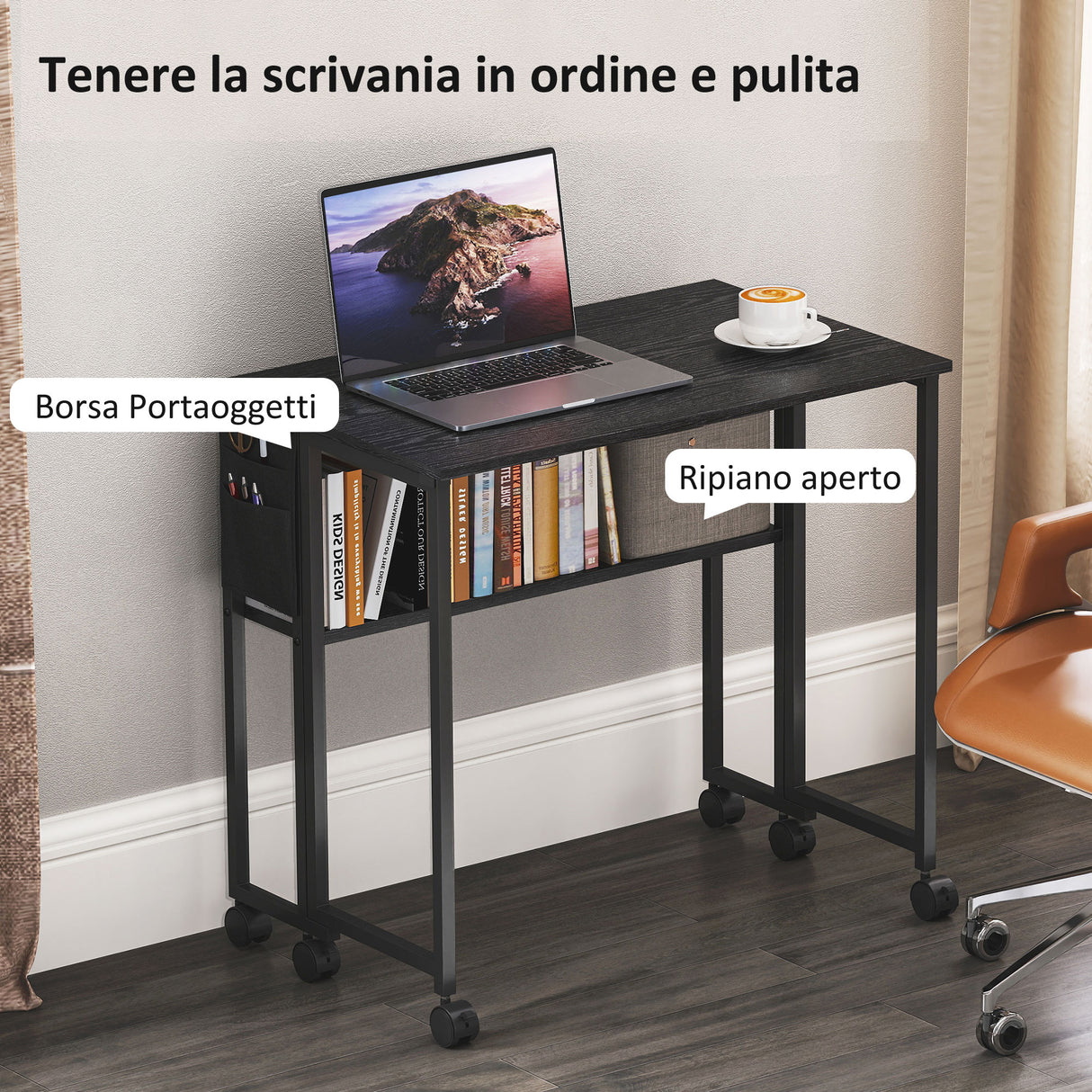 easycomfort easycomfort scrivania pieghevole salvaspazio a ribalta con scaffale tasca portaoggetti e ruote nero