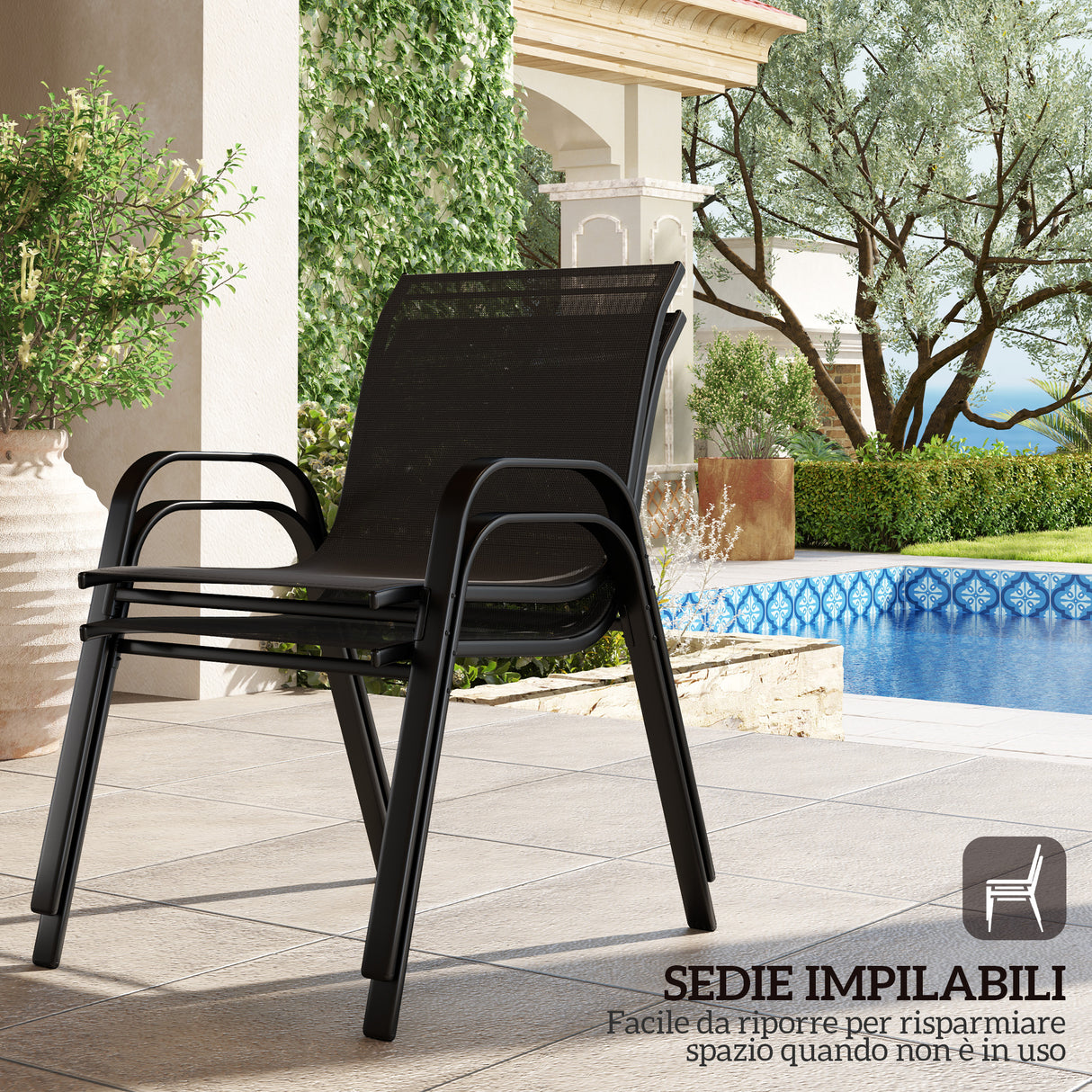 easycomfort easycomfort set da giardino con divano 2 posti 2 poltrone impilabili e tavolino in vetro nero