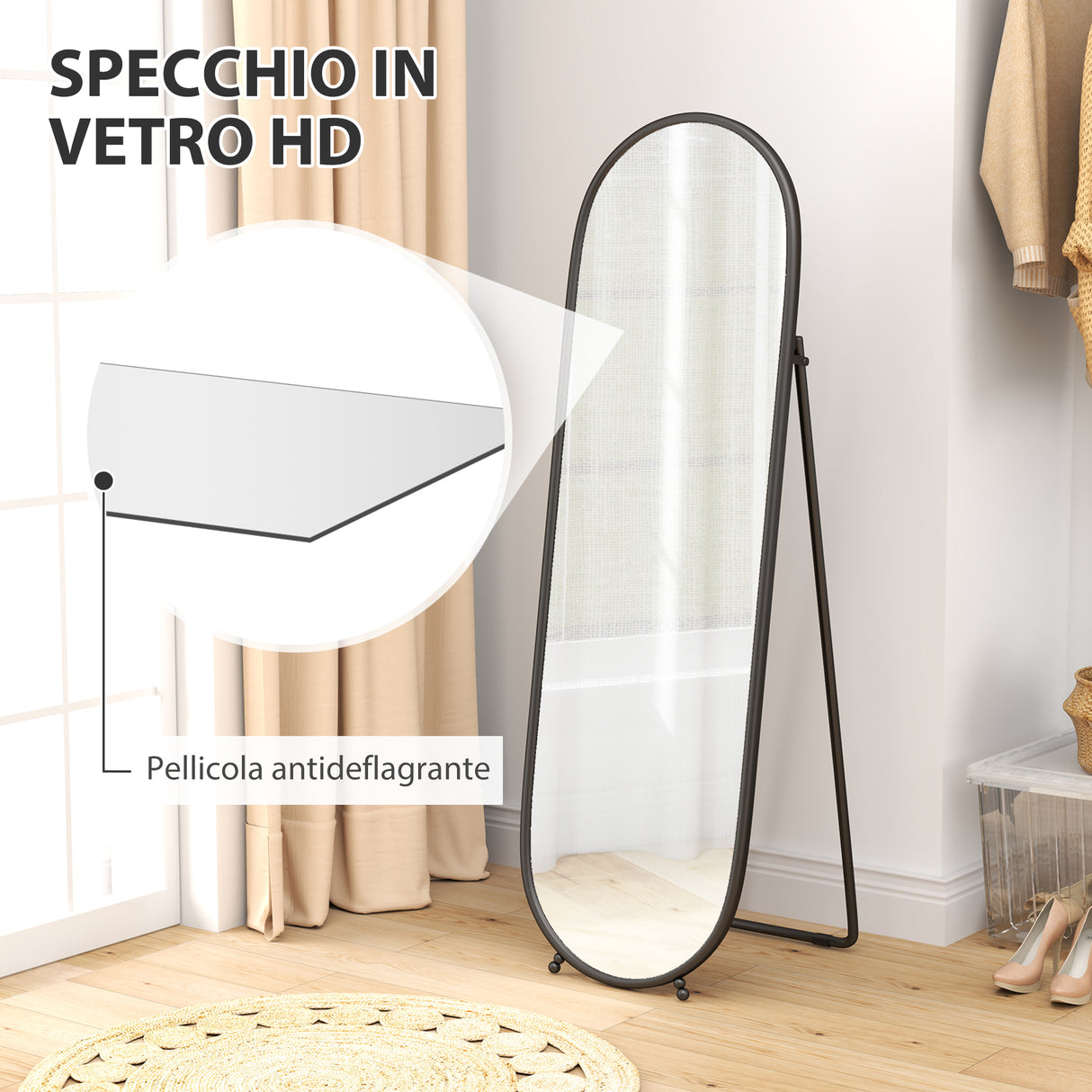 easycomfort easycomfort specchio a figura intera da terra con supporto pieghevole in vetro e metallo 40x41x159 cm nero