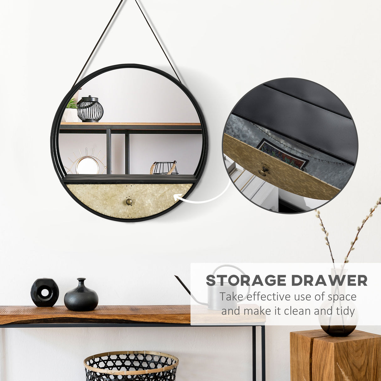 easycomfort easycomfort specchio da parete rotondo da 61cm con cassetto e cornice in metallo nero
