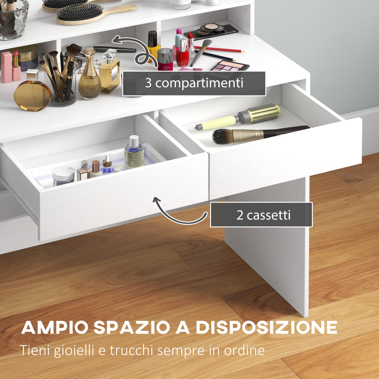 easycomfort easycomfort tavolo da trucco con specchio e 10 luci led regolabili 2 cassetti e 3 scomparti 80x40x135 cm bianco