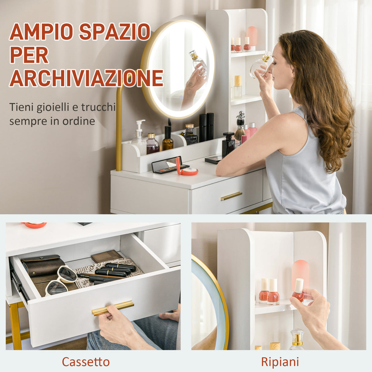 easycomfort easycomfort toeletta tavolo trucco con specchio illuminato a led e sgabello cassetti e ripiani bianco