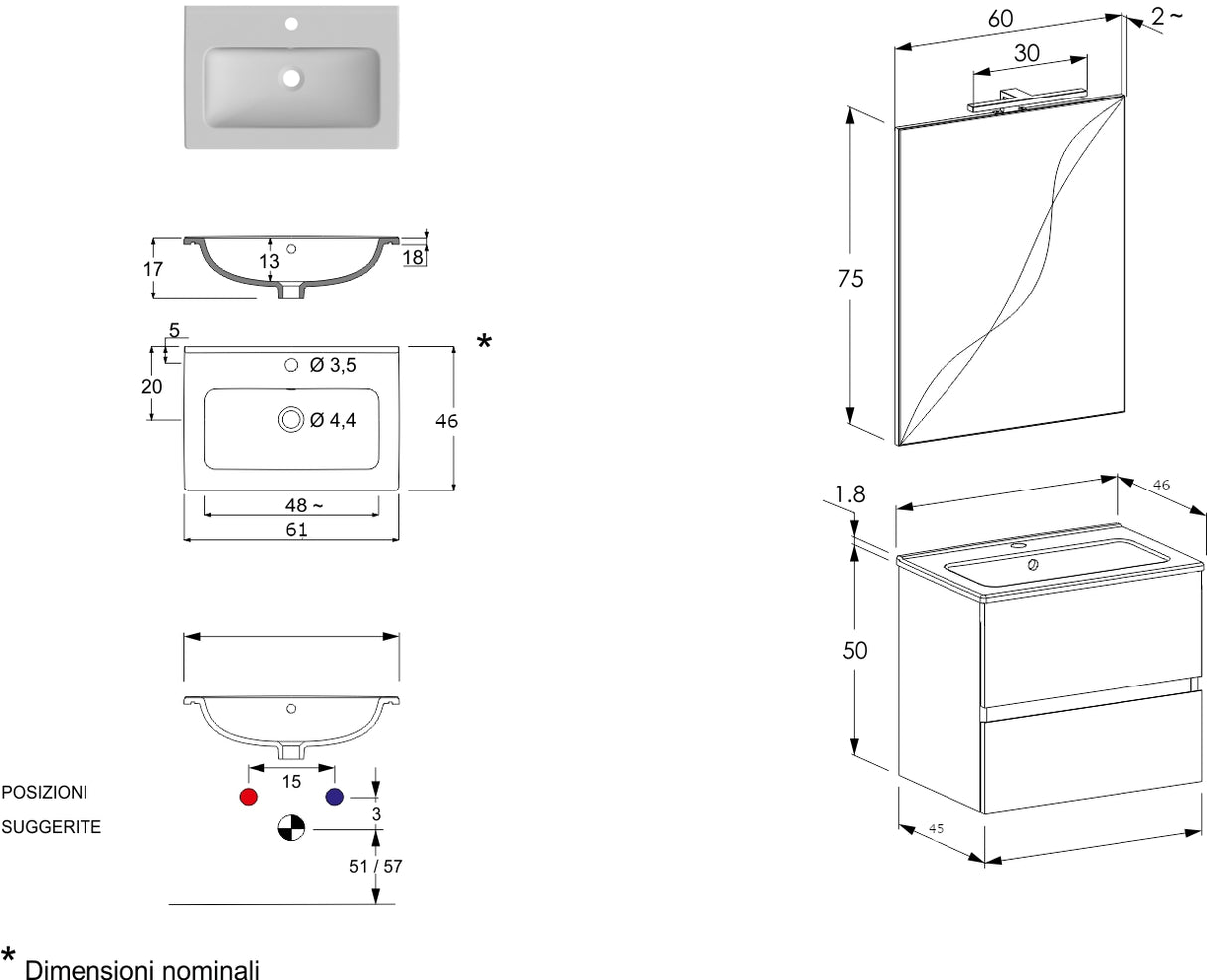 legnox consolle bagno legnox crea 60 cm bianco neve 2 cassetti lavabo specchio e lampada