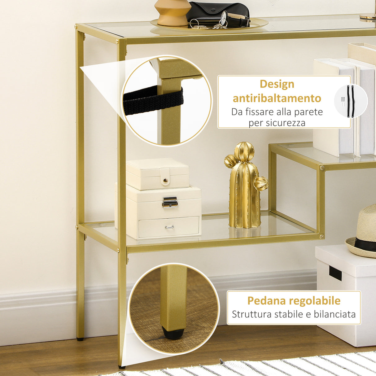 easycomfort easycomfort consolle da ingresso a 3 ripiani in acciaio e vetro temperato 100x32x76 cm oro