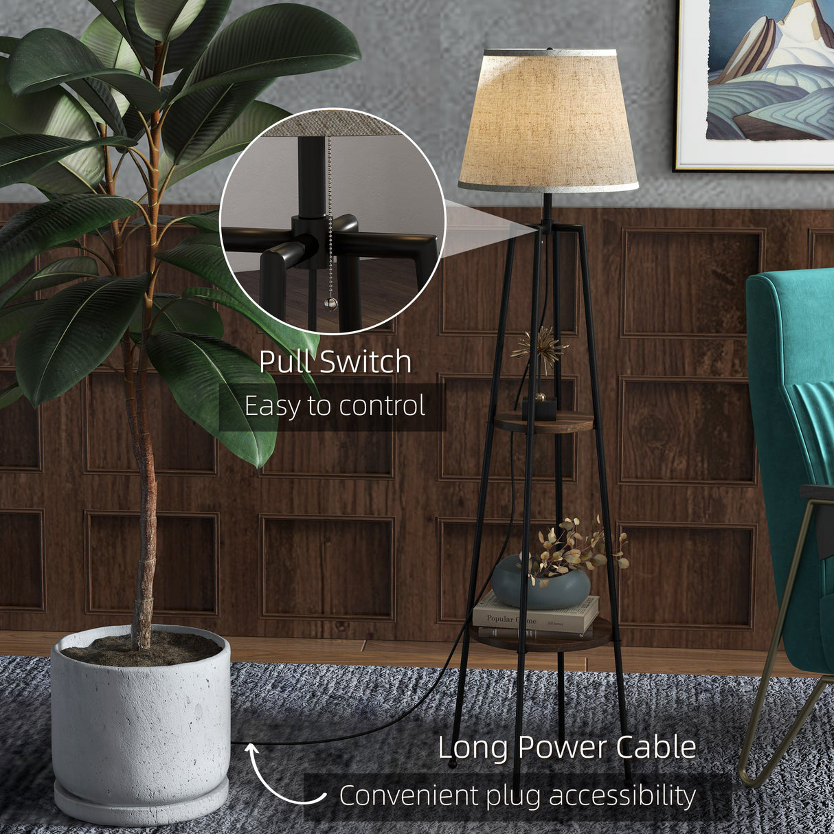 easycomfort easycomfort lampada da terra a 2 ripiani in metallo e mdf con paralume in tessuto 42x166 cm nero e marrone