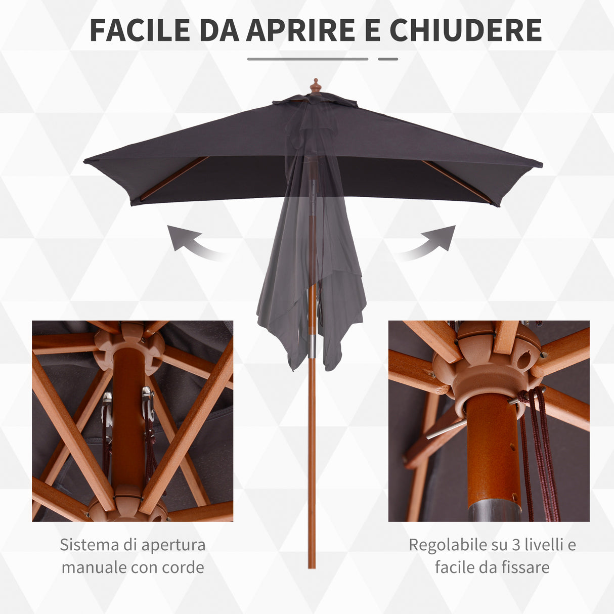 easycomfort easycomfort ombrellone da giardino inclinabile 2x1 5 m con 6 stecche e palo in legno di abete grigio scuro