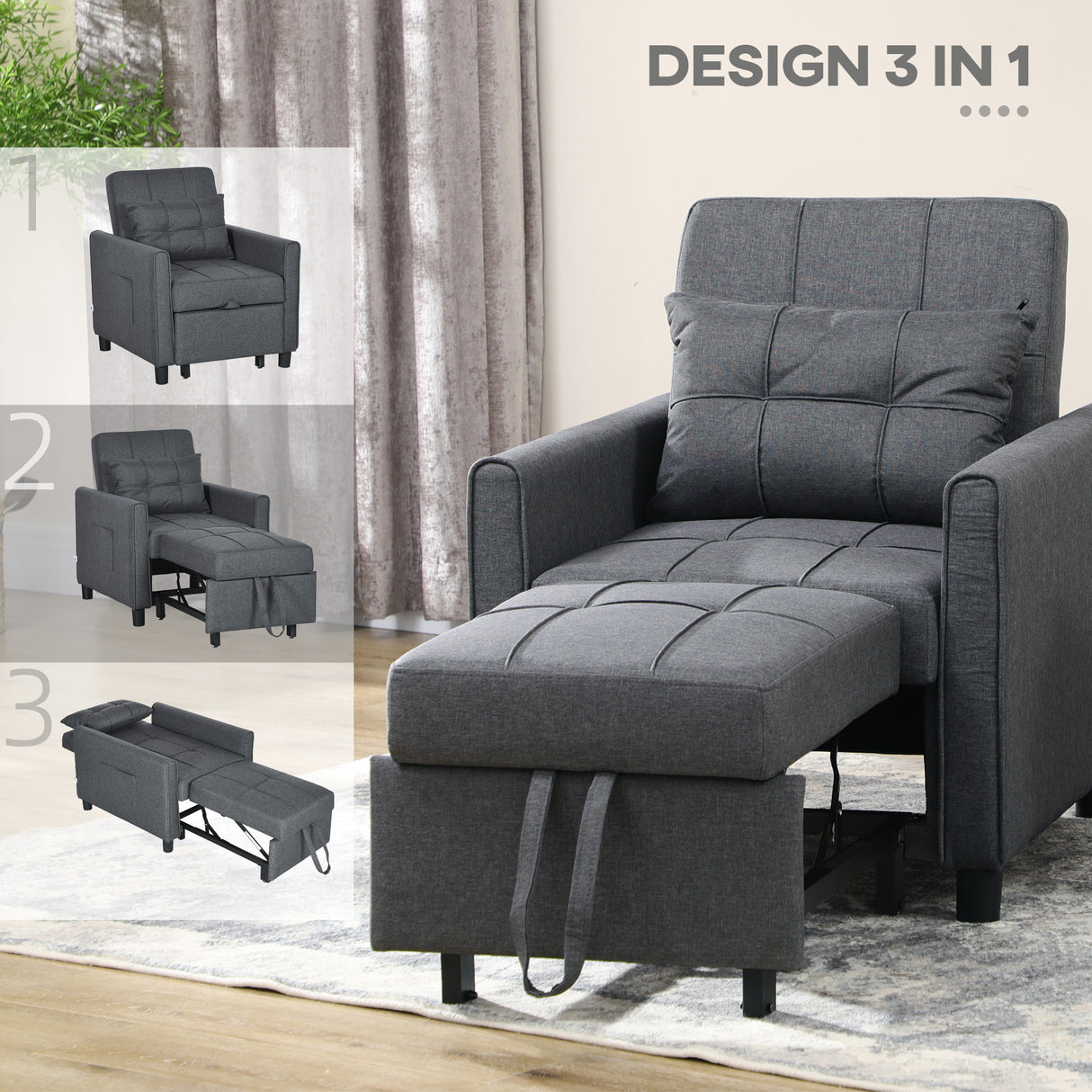 easycomfort easycomfort poltrona letto singolo reclinabile su 3 livelli con cuscino extra 69x82x85cm grigio