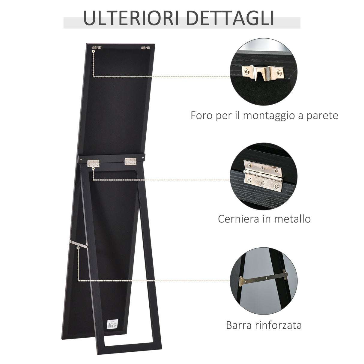 easycomfort easycomfort specchio da terra e parete con supporto richiudibile e cornice in mdf 37x48x152cm nero