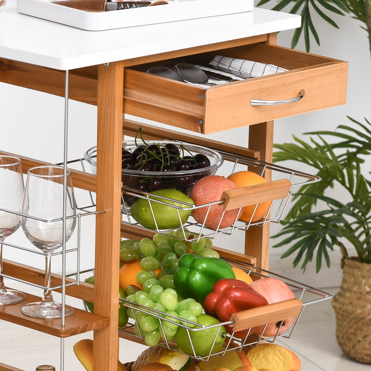 easycomfort easycomfort carrello da cucina in legno marrone con 1 cassetto e 4 cestelli metallici