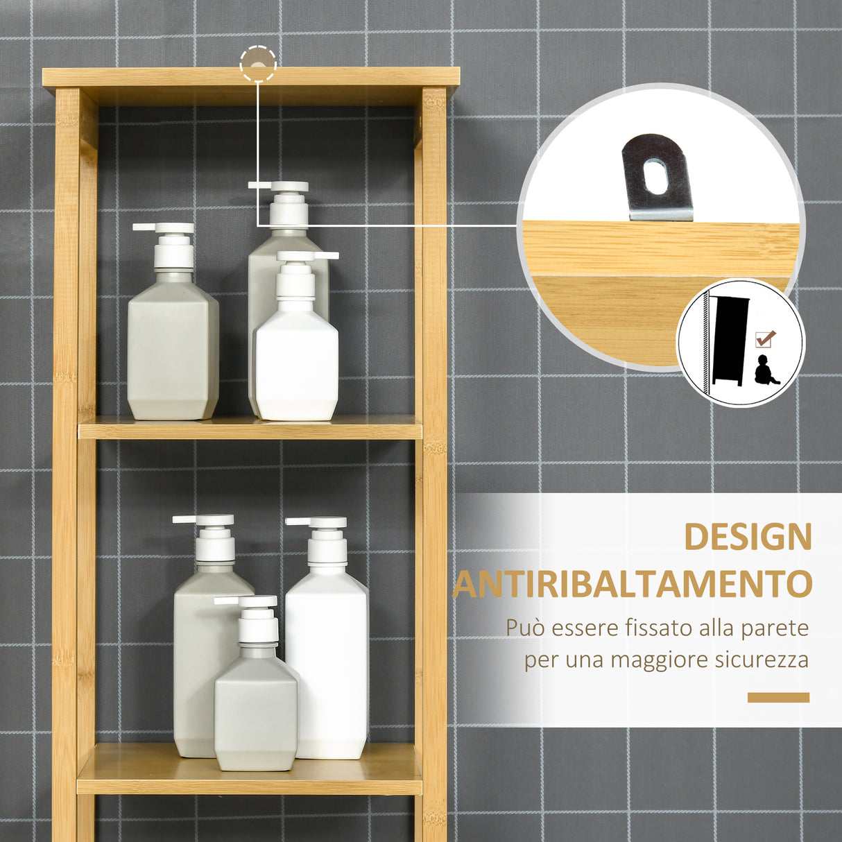 easycomfort easycomfort mobile bagno a 3 ripiani e 1 credenza design a doghe bambu 34x30x173cm