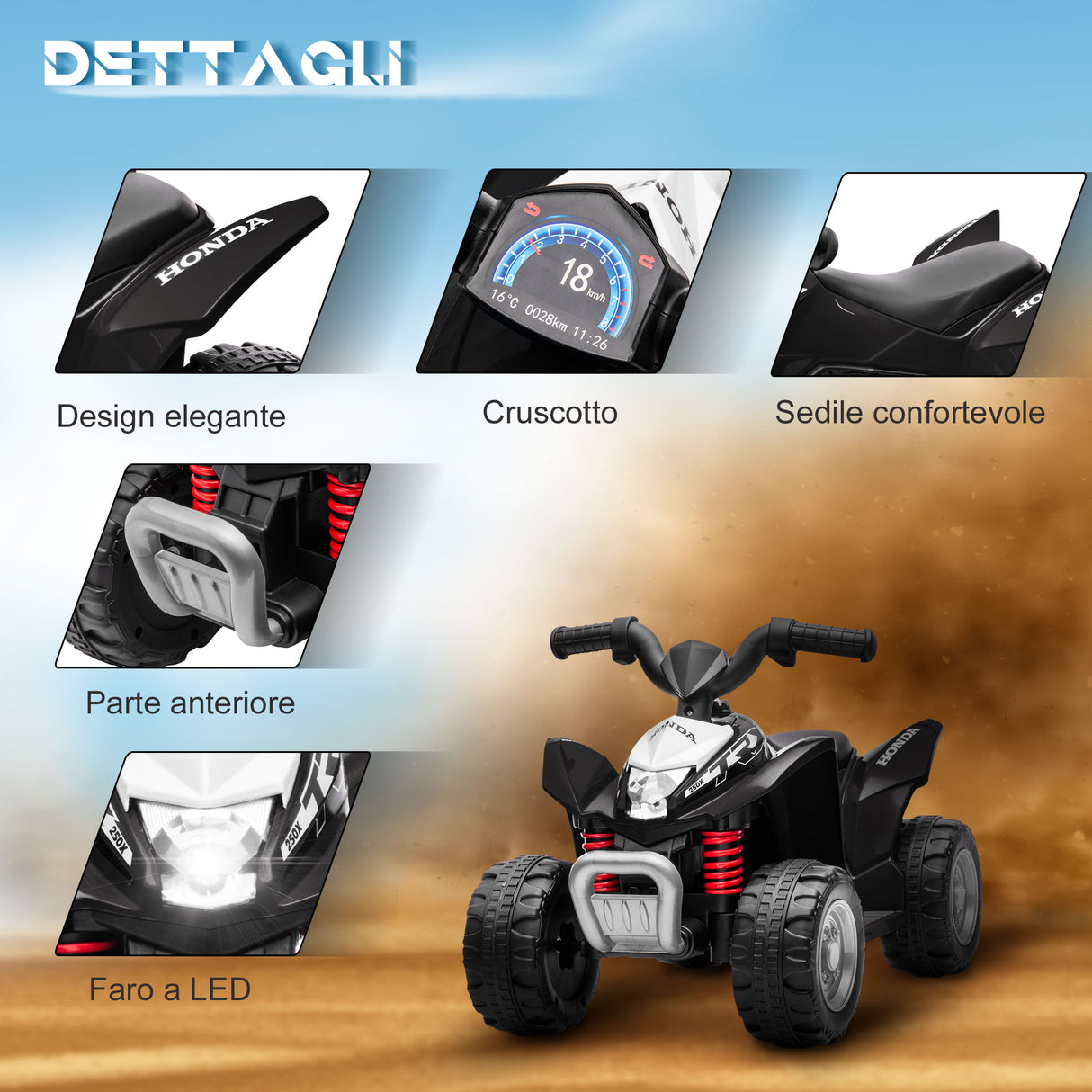 easycomfort easycomfort quad elettrico per bambini 18 36 mesi con luci led clacson e pedali 65 5x38 5x43 5 cm nero