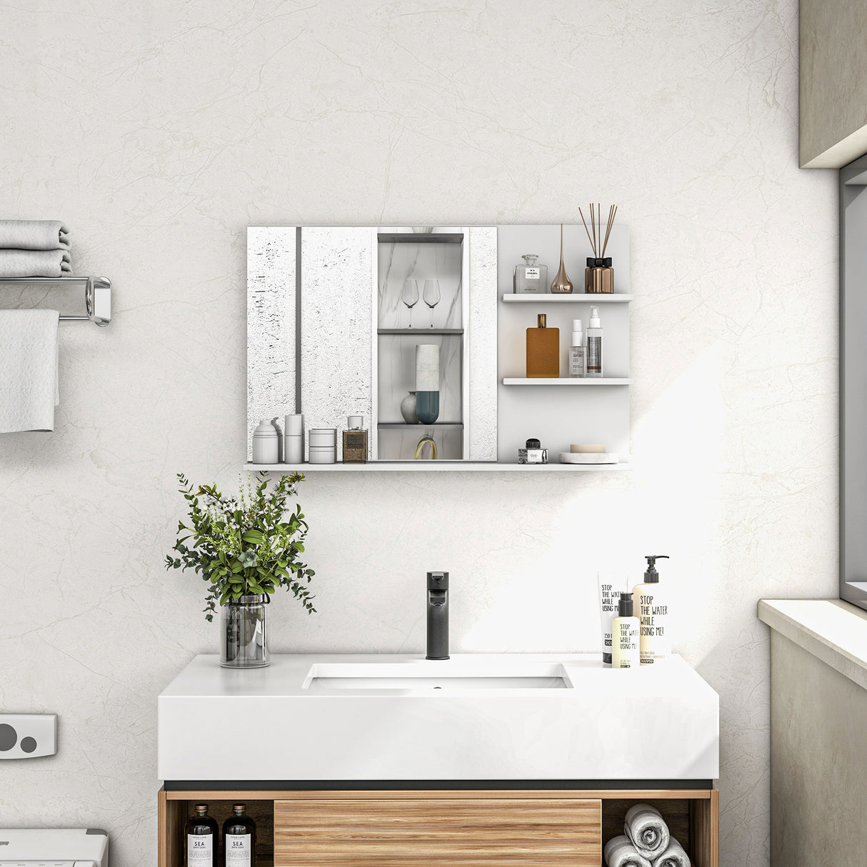 easycomfort easycomfort specchio da bagno a parete con 2 ripiani laterali e ripiano inferiore in mdf e vetro 75x10x48 cm bianco