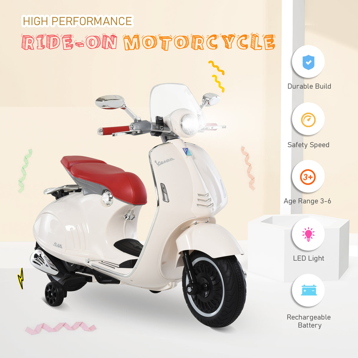 easycomfort easycomfort moto elettrica per bambini con licenza ufficiale vespa 2 rotelle luci e suoni 108x49x75 cm bianca